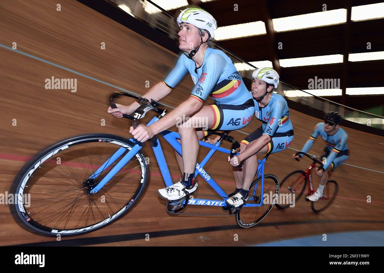 Paralympic cyclist tandem team Griet Hoet and Anneleen Monsieur pictured during the second day of a press visit to the training camp of the athletes of the Paralympic Team Belgium, ahead of the Tokyo 2020 Paralympic Games, Tuesday 29 October 2019, in Paris. The Tokyo 2020 Paralympic Games take place from 25 August to 06 September 2020. BELGA PHOTO ERIC LALMAND Stock Photo