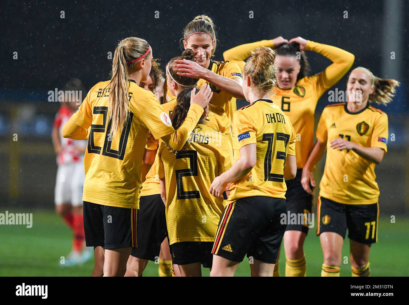 Belgian players celebrate after scoring during a soccer game between Croatia and Belgium's Red Flames, Friday 08 November 2019 in Zapresic, Croatia, the third out of 8 qualification games for the women's Euro 2021 European Championships. BELGA PHOTO DAVID CATRY Stock Photo