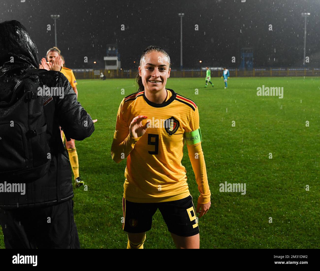 Belgium's Tessa Wullaert celebrates after winning a soccer game between Croatia and Belgium's Red Flames, Friday 08 November 2019 in Zapresic, Croatia, the third out of 8 qualification games for the women's Euro 2021 European Championships. BELGA PHOTO DAVID CATRY Stock Photo