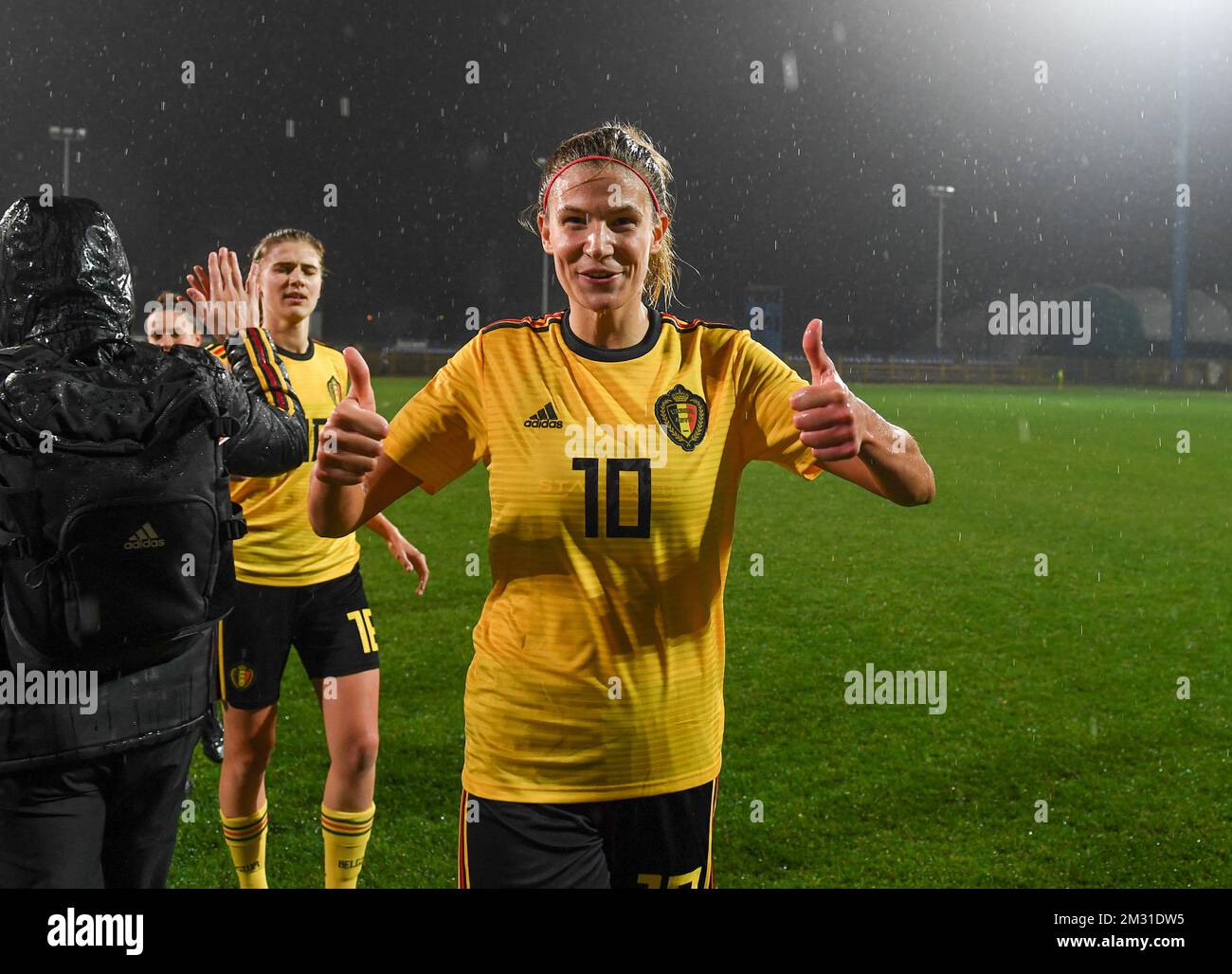 Belgium's Justine Vanhaevermaet celebrates after winning a soccer game between Croatia and Belgium's Red Flames, Friday 08 November 2019 in Zapresic, Croatia, the third out of 8 qualification games for the women's Euro 2021 European Championships. BELGA PHOTO DAVID CATRY Stock Photo