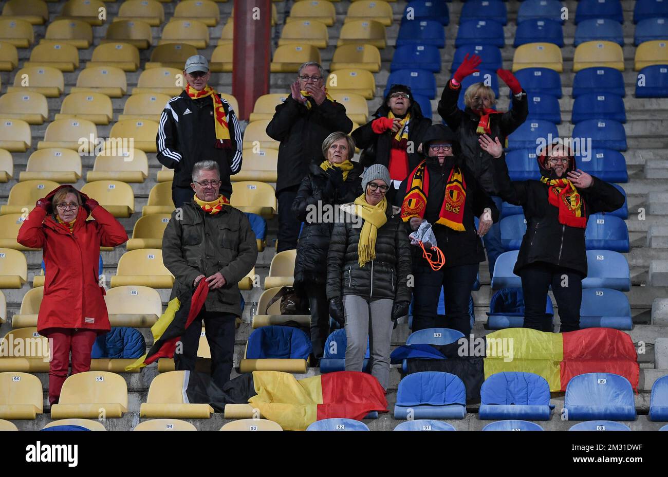 Belgian fans and supporters pictured during a soccer game between Croatia and Belgium's Red Flames, Friday 08 November 2019 in Zapresic, Croatia, the third out of 8 qualification games for the women's Euro 2021 European Championships. BELGA PHOTO DAVID CATRY Stock Photo