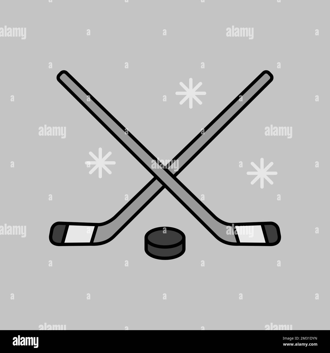 Ice Hockey Sticks and Puck vector isolated grayscale icon. Winter sign