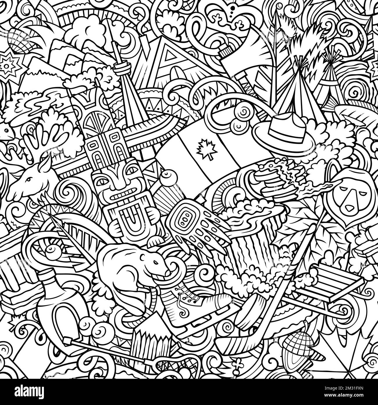 Cartoon doodles Canada seamless pattern. Backdrop with local Canadian