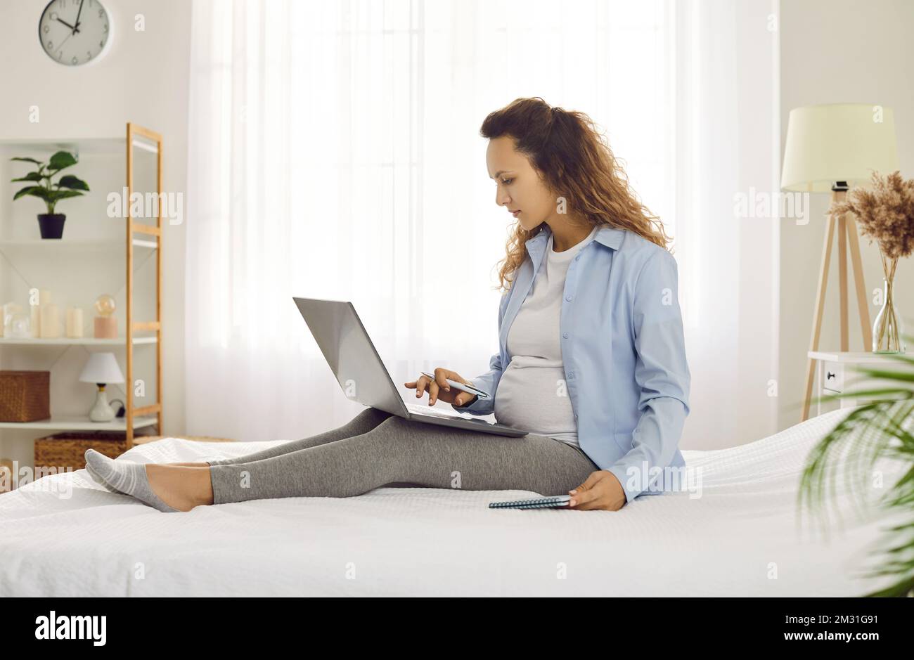 Focused young pregnant woman on maternity leave working online at home using laptop. Stock Photo