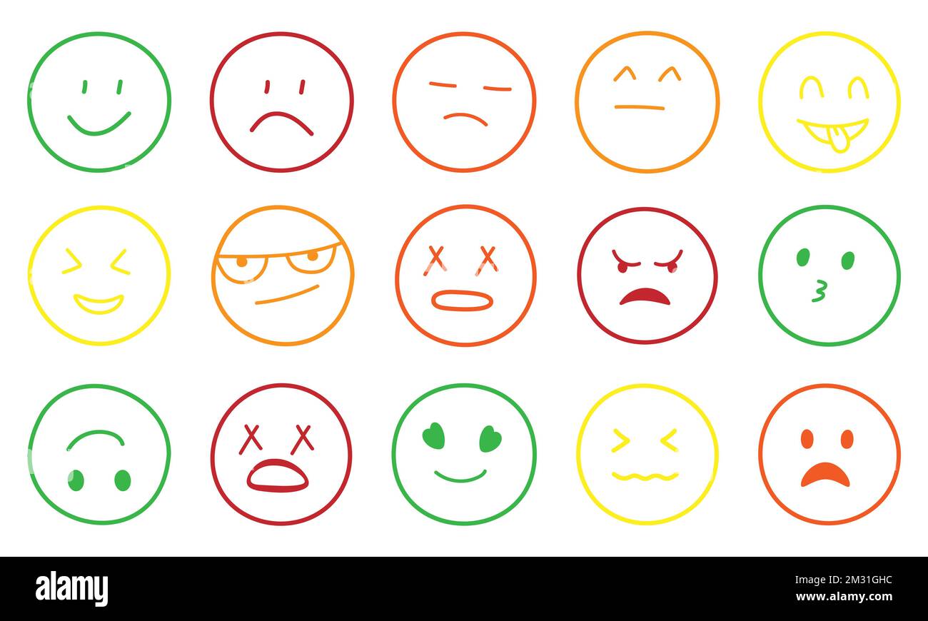 Set of color emojis faces icons. Line art style. Vector illustration