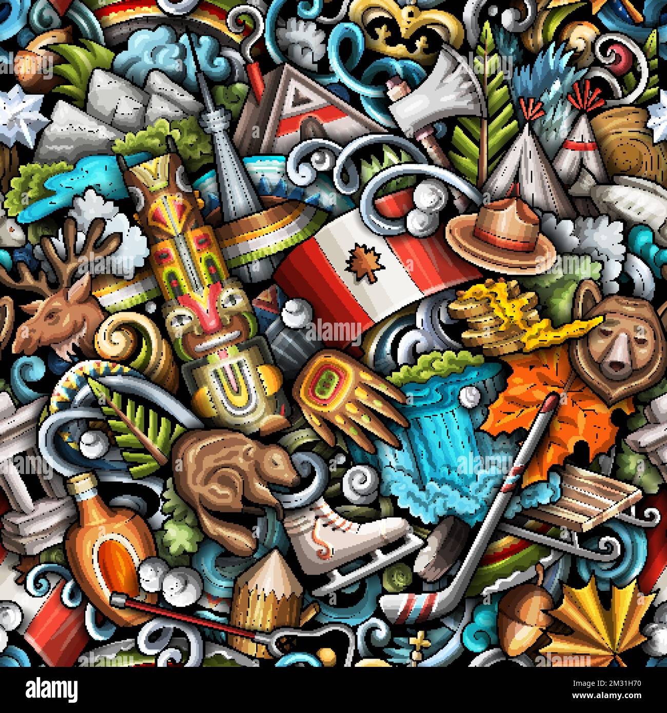 Cartoon doodles Canada seamless pattern. Backdrop with local Canadian