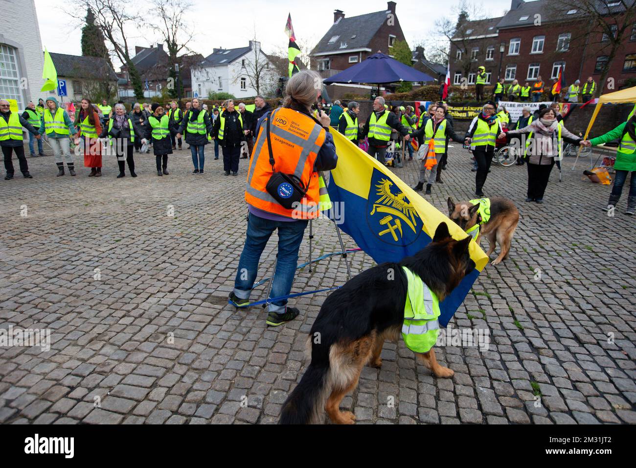 Illustration picture shows a protest of the 'yellow vests' (gilets jaunes - gele hesjes) in Vaals, the Netherlands, at the tripoint, on the border with Belgium and Germany, Saturday 23 November 2019. The protest of the yellow vests celebrates its first anniversary with a European reunion. BELGA PHOTO NICOLAS MAETERLINCK Stock Photo