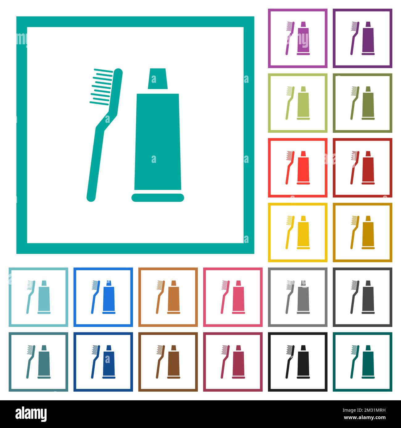 Toothbrush and toothpaste tube flat color icons with quadrant frames on ...