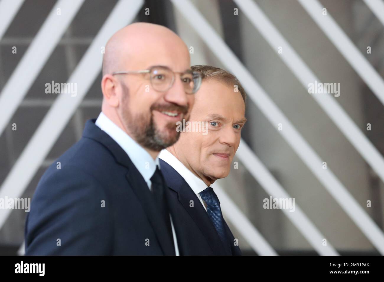 Newly appointed European Council President Charles Michel and European Council President Donald Tusk pictured during the handover between outgoing President Tusk and incoming President Michel, at the European headquarters in Brussels, Friday 29 November 2019. BELGA PHOTO BENOIT DOPPAGNE  Stock Photo