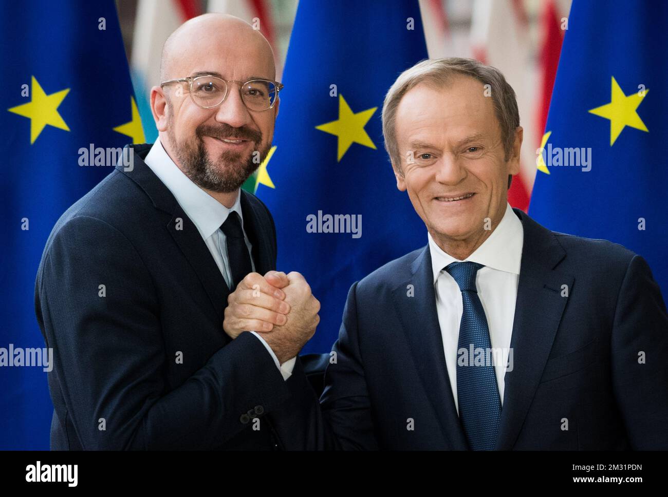 Newly appointed European Council President Charles Michel (L) and outgoing European Council President Donald Tusk pictured during the handover between outgoing President Tusk and incoming President Michel, at the European headquarters in Brussels, Friday 29 November 2019. BELGA PHOTO BENOIT DOPPAGNE Stock Photo