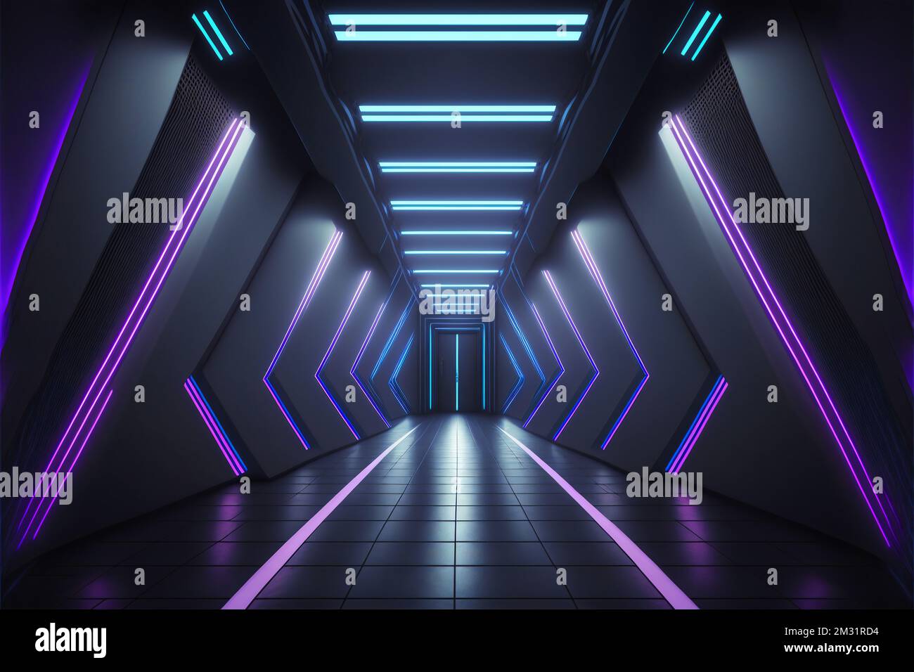 3d render Neon Laser symmetrical Room Garage Hangar Glowing Purple Blue Arrow Shaped Beams Tunnel Corridor Stock Photo