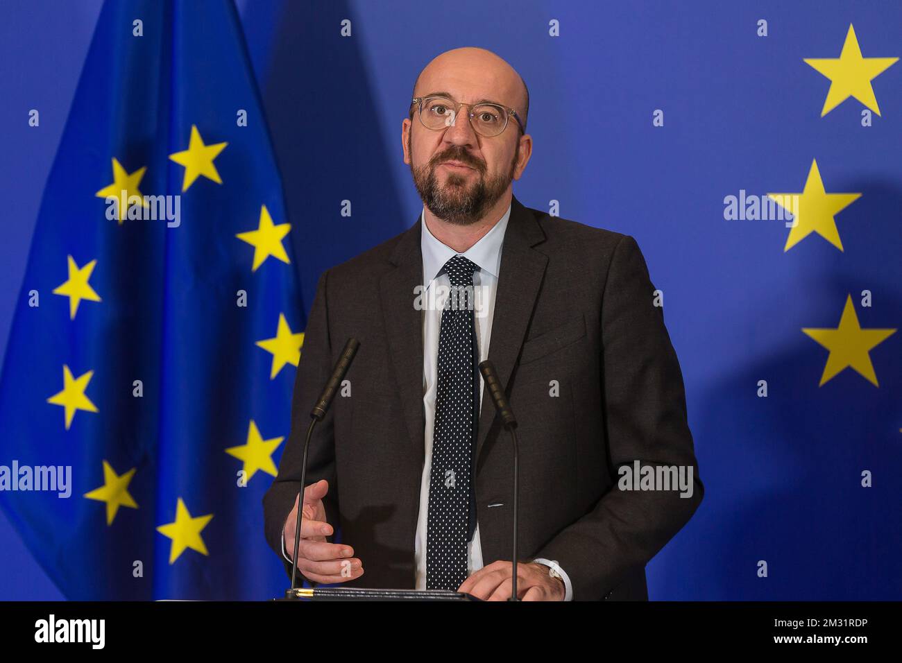 European Council President Charles Michel pictured during a celebration on the occasion of the 10th anniversary of the Lisbon Treaty at the European headquarters in Brussels, Sunday 01 December 2019. BELGA PHOTO JAMES ARTHUR GEKIERE Stock Photo