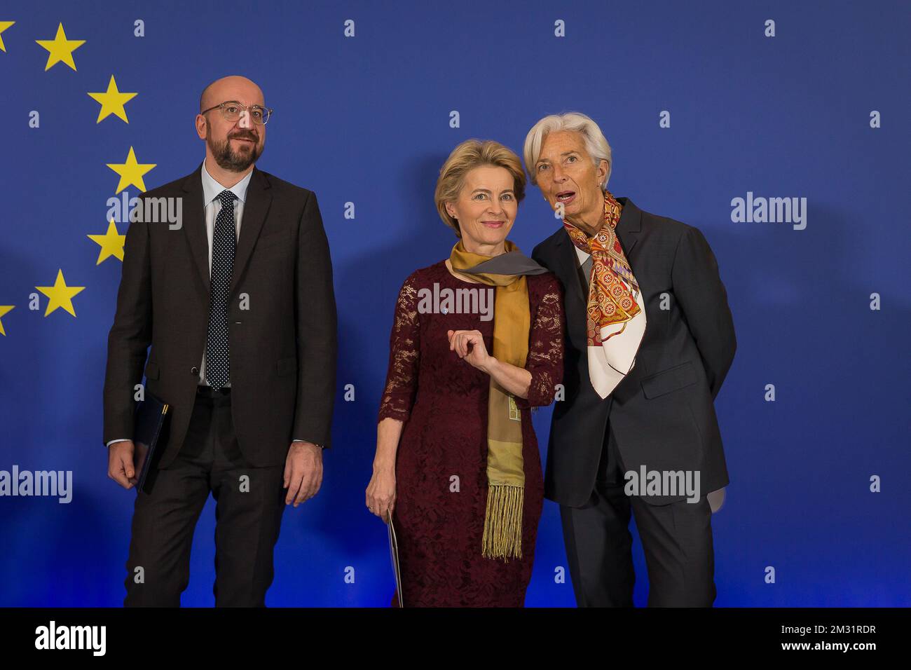 European Council President Charles Michel, New European Commission President Ursula Von der Leyen and European Central Bank President Christine Lagarde pictured during a celebration on the occasion of the 10th anniversary of the Lisbon Treaty at the European headquarters in Brussels, Sunday 01 December 2019. BELGA PHOTO JAMES ARTHUR GEKIERE Stock Photo