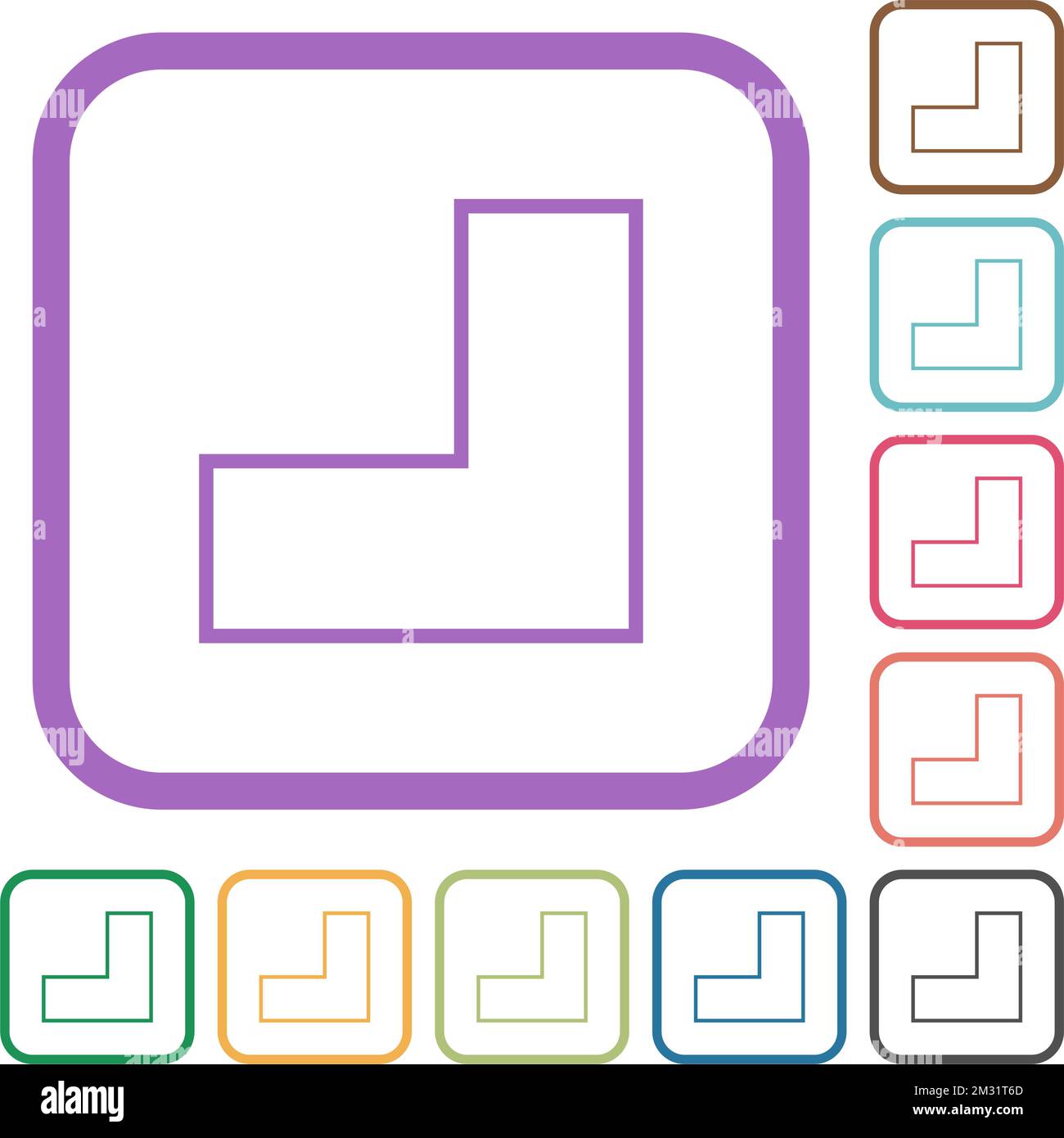 Bottom right angle arrow outline simple icons in color rounded square ...
