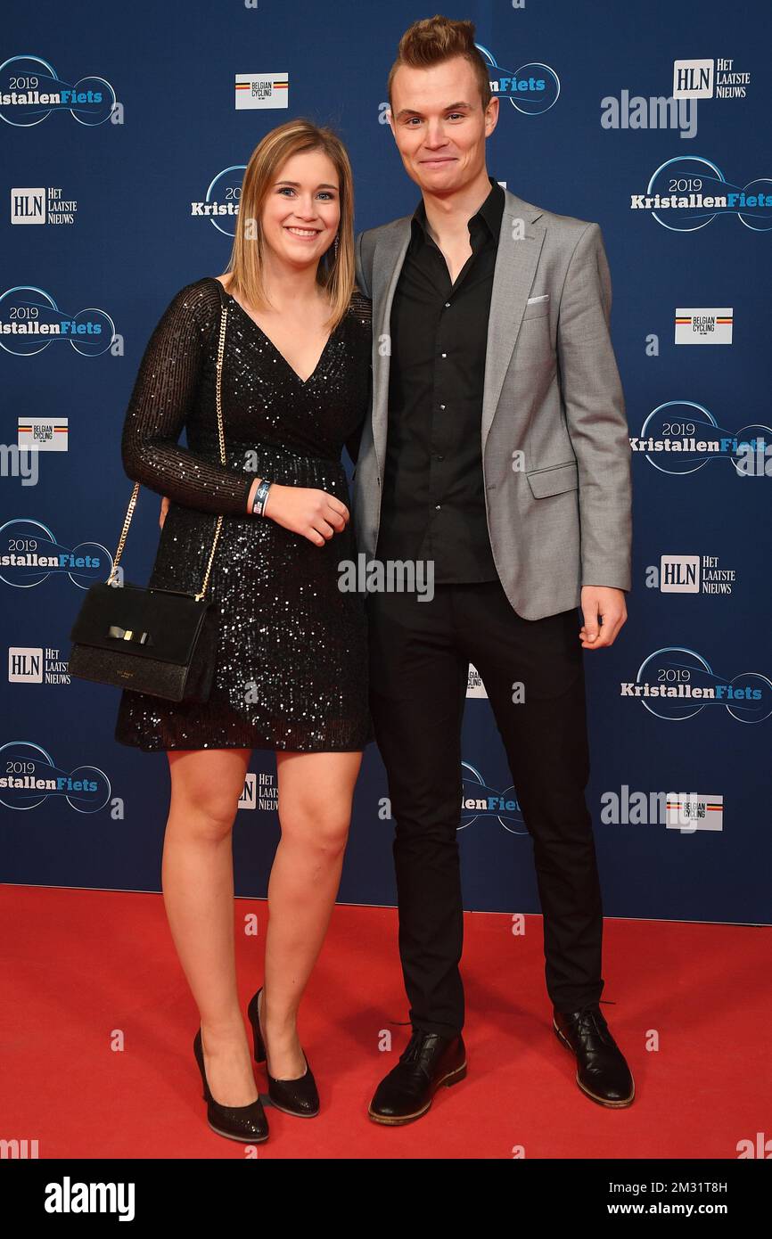 Belgian Senne Leysen and his girlfriend pictured during the 28th edition of  the 'Kristallen Fiets' (Crystal Bike - Velo de Cristal) award ceremony for  the best cyclist of the 2019 season, organized