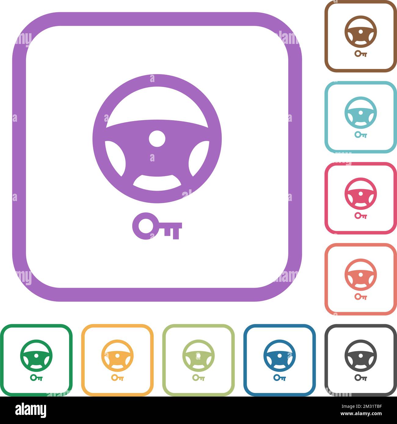 Steering lock simple icons in color rounded square frames on white
