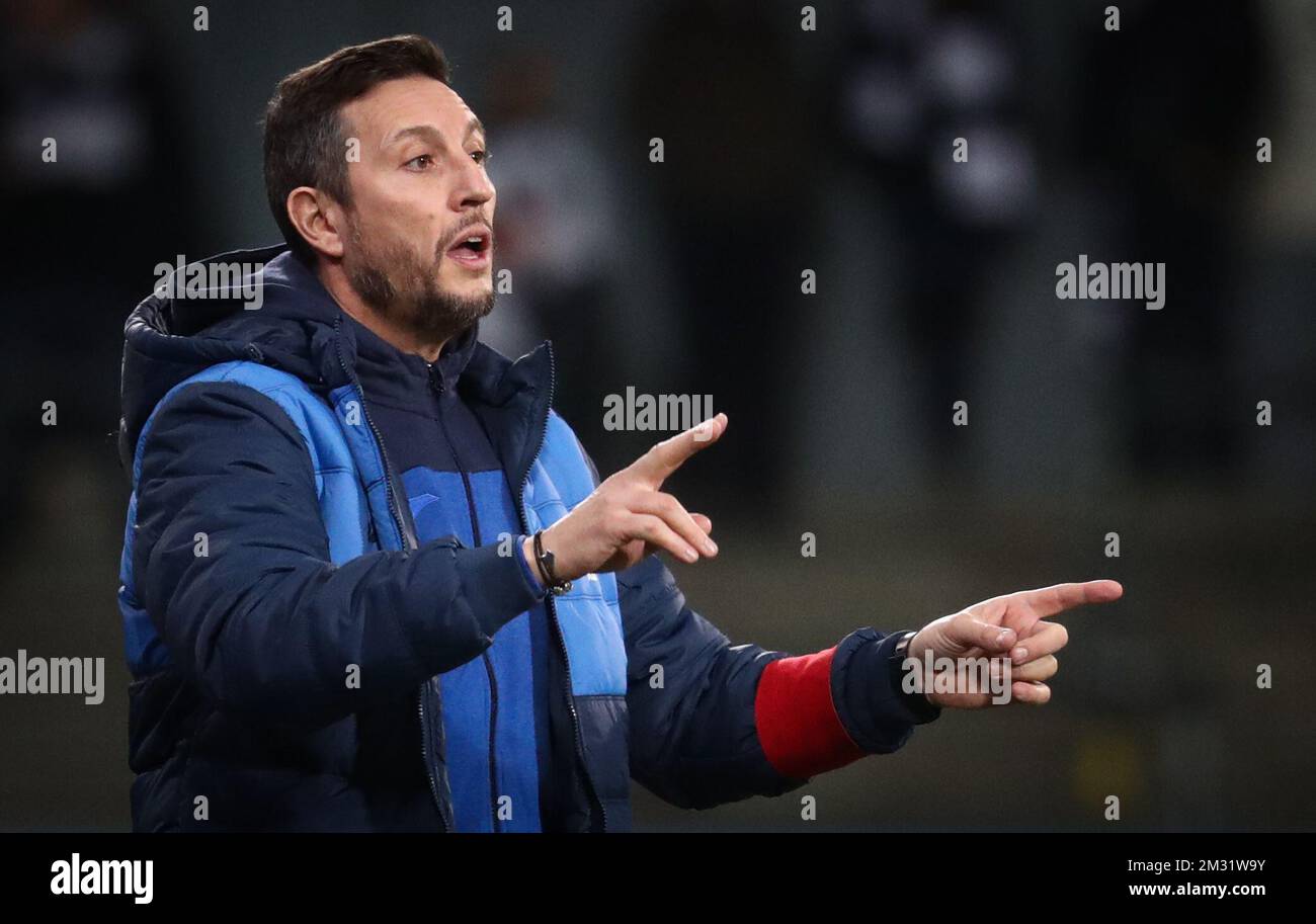 Roeselare's head coach Christophe Gamel gestures during a soccer game between Sporting Lokeren and KSV Roeselare, Saturday 07 December 2019 in Lokeren, on day 18 of the 'Proximus League' 1B division of the Belgian soccer championship. BELGA PHOTO VIRGINIE LEFOUR Stock Photo