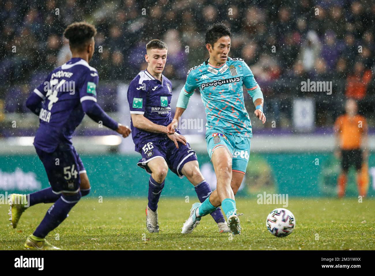 BRUSSELS, BELGIUM - December 08: Jeremy Doku of Anderlecht and Maxime Busi  of Charleroi fight for the ball during the Jupiler Pro League match day 18  between Rsc Anderlecht vs Sporting Charleroi