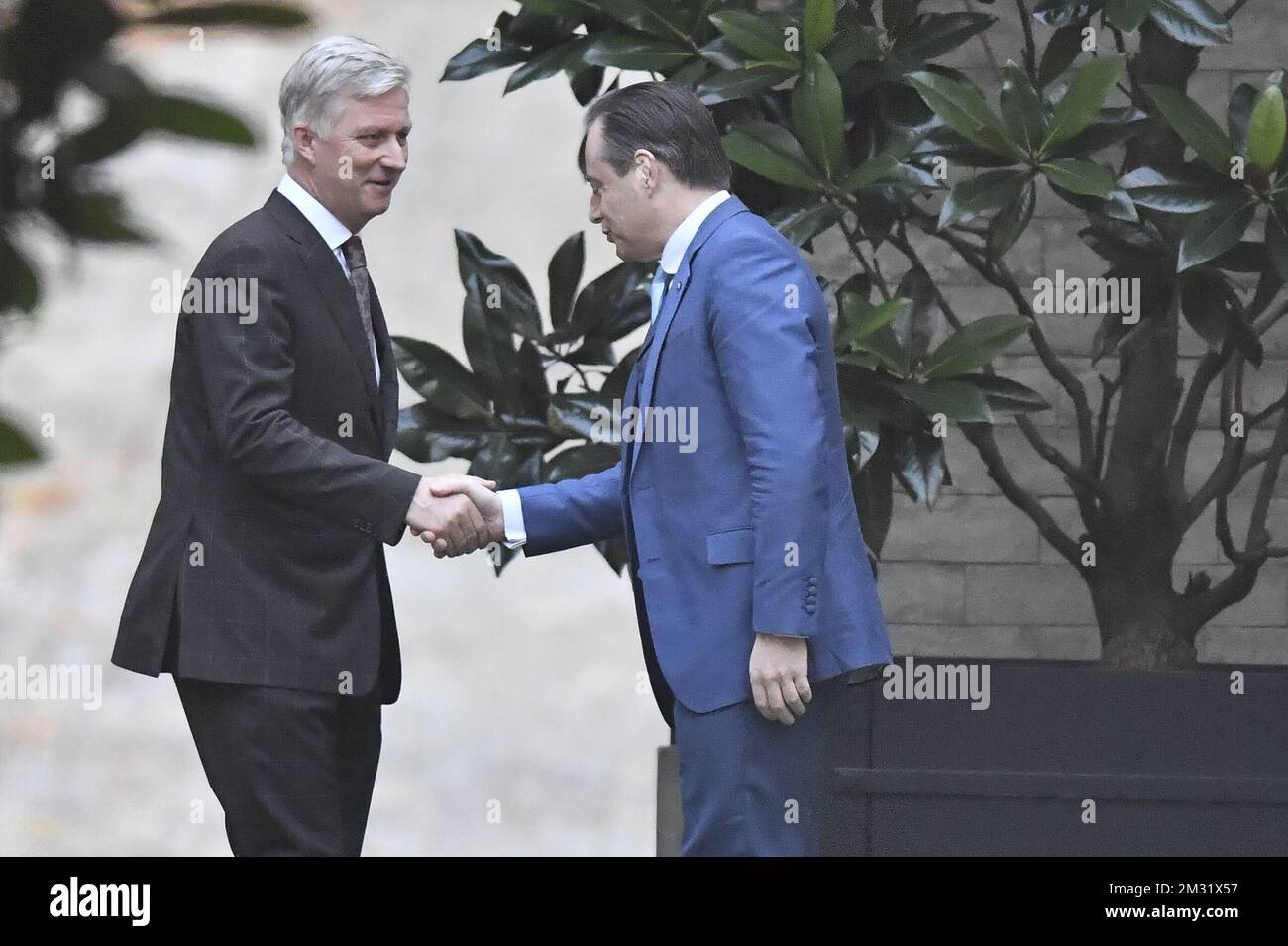 King Philippe - Filip of Belgium welcomes N-VA chairman Bart De Wever for a meeting with the King at the Royal Palace in Brussels, Tuesday 10 December 2019, regarding the formation of a new government after 26 May's regional, federal and European elections. Informator Magnette made his third report yesterday and asked to be discharged as informer. King started new consultations with parties chairmen. BELGA PHOTO DIRK WAEM  Stock Photo