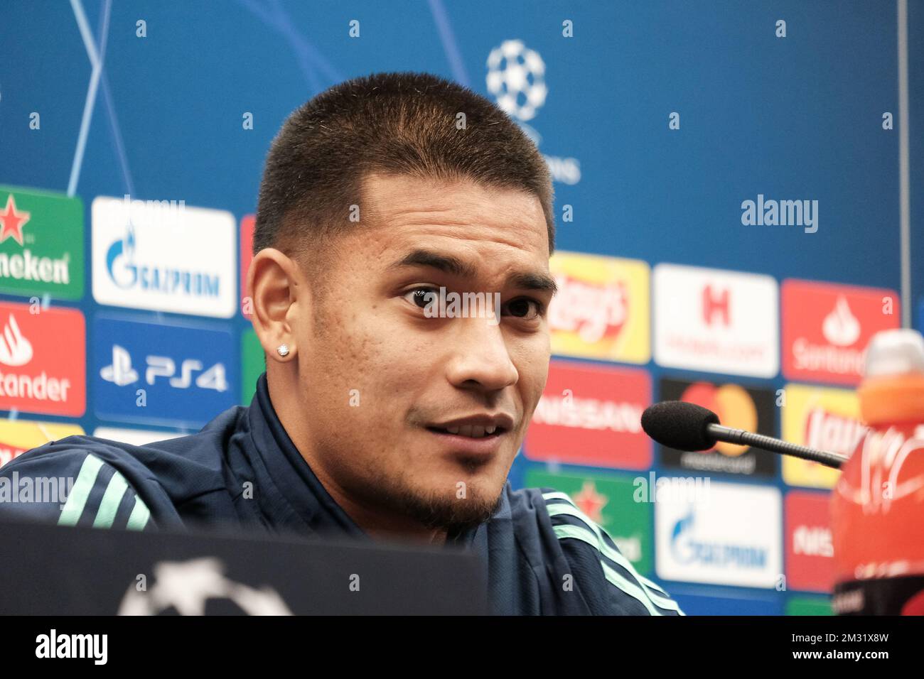 Real's goalkeeper Alphonse Areola pictured during a press conference of  Spanish club Real Madrid, Tuesday 10 December 2019 in Brugge, in  preparation of tomorrow's Champions League game against Belgian soccer team  Club
