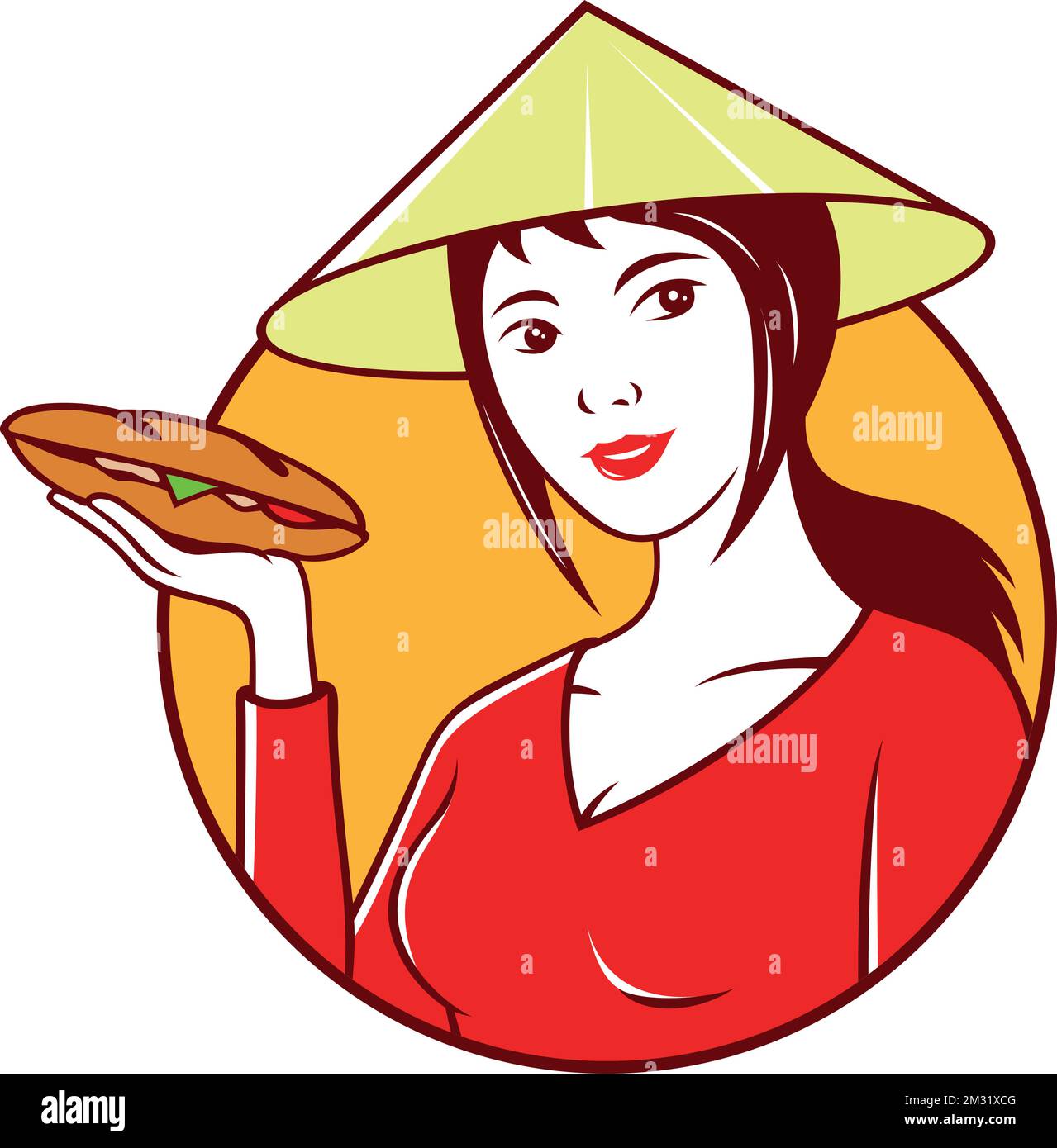 A Vietnamese Girl Wearing Traditional Dress and Conical Hat with Banh Mi on her hand Stock Vector