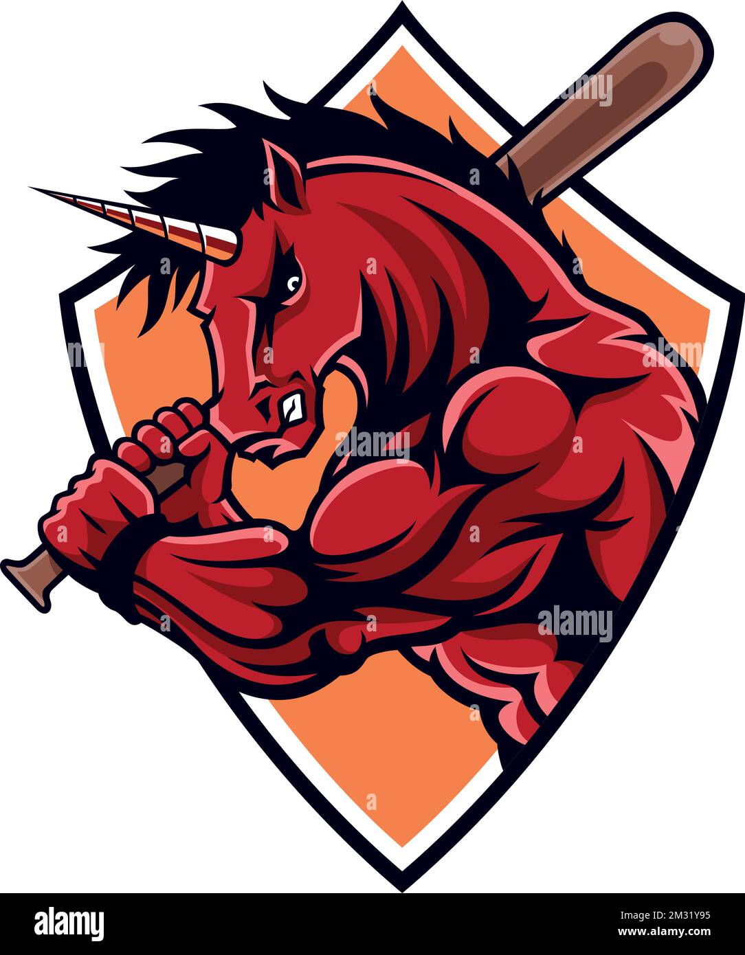 Aggressive Red Unicorn Holding Baseball Bat Stock Vector