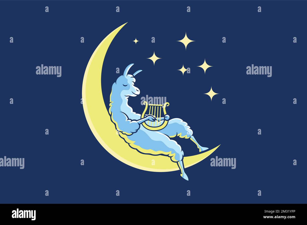 Cute Llama Character Playing Harp on the Crescent Moon Stock Vector