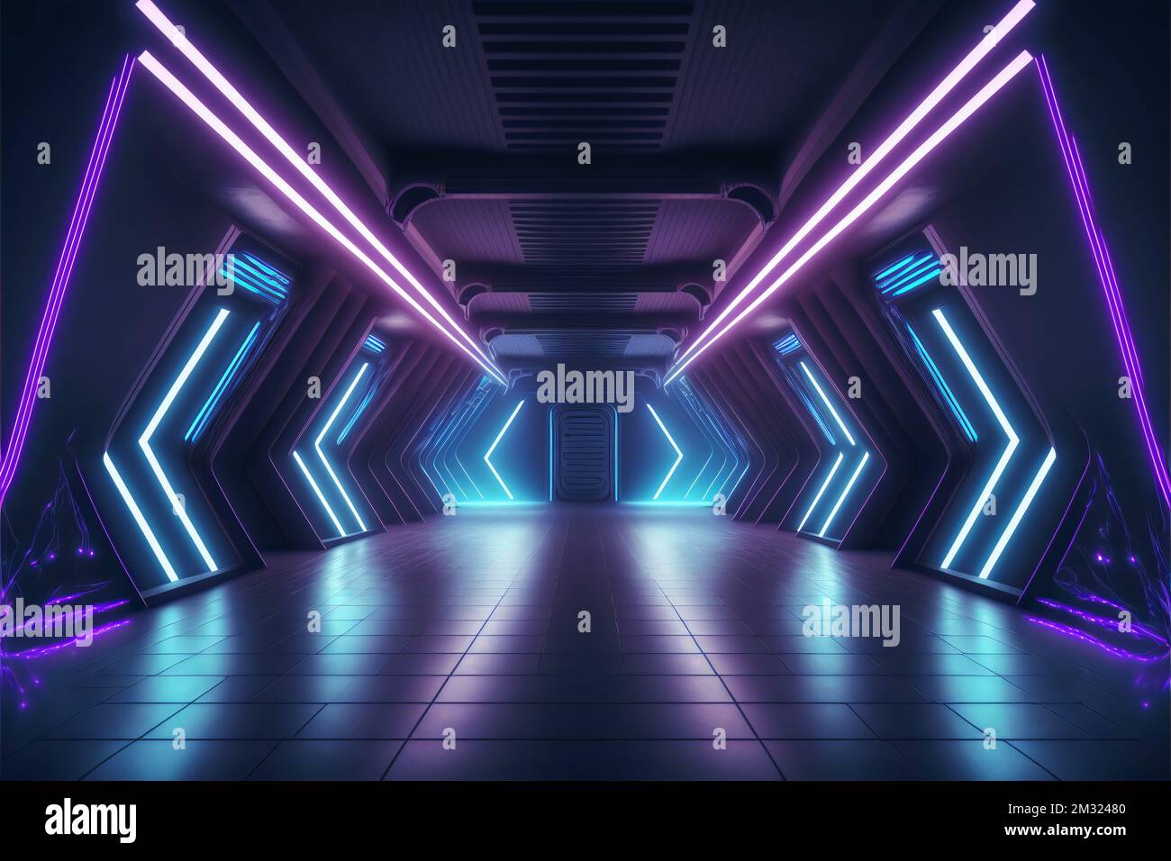 3d render Neon Laser symmetrical Room Garage Hangar Glowing Purple Blue
