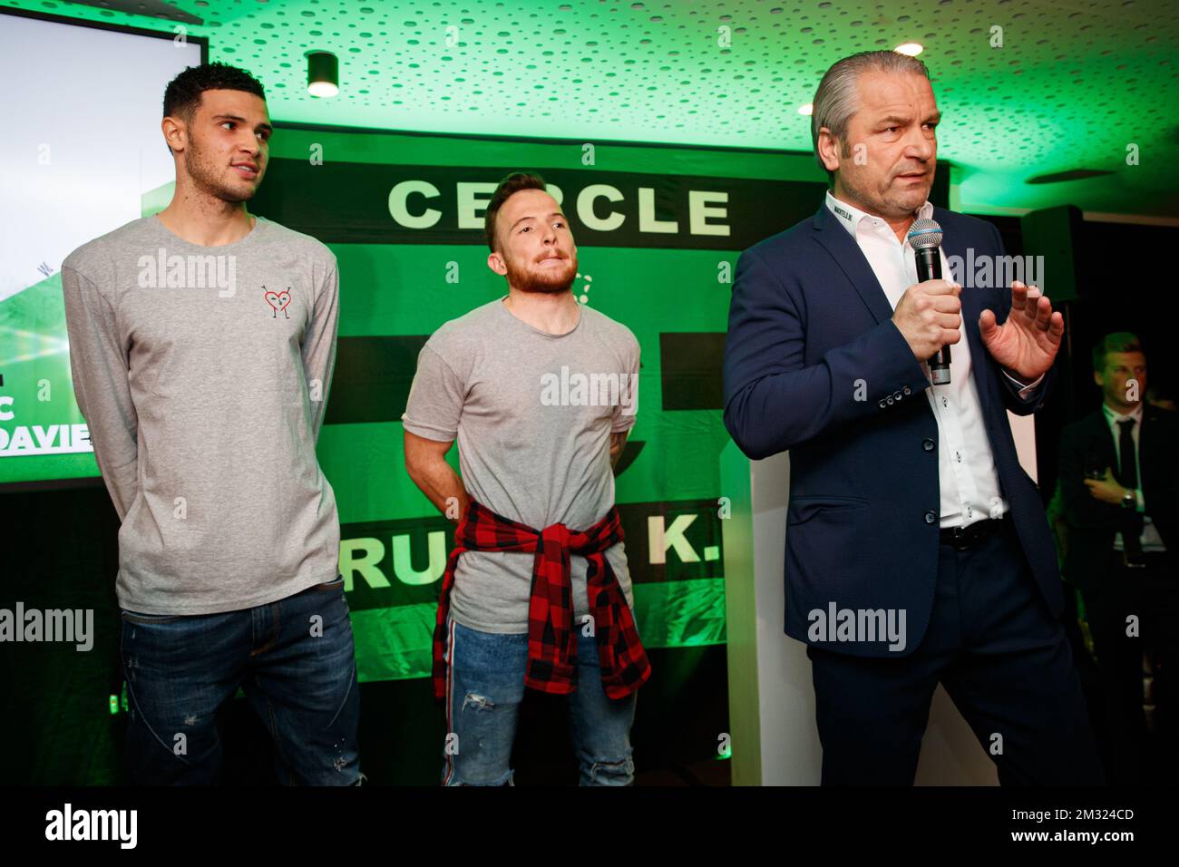 Cercle's new player Isaac Christie-Davies, Cercle's new player Dino Hotic and Cercle's head coach Bernd Storck pictured during the new year's reception of Belgian first division soccer team Cercle Brugge KSV, with their new chairman, Tuesday 14 January 2020 in Brugge. BELGA PHOTO KURT DESPLENTER Stock Photo
