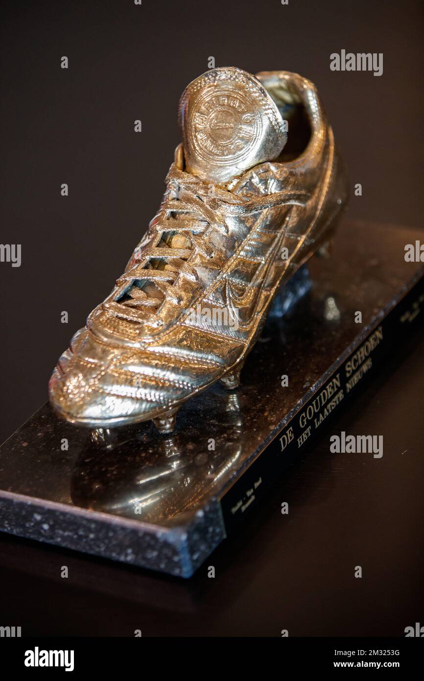 Illustration picture shows the trophy during a press conference of the  winner of the Golden Shoe 2019, in Brugge, on the day after the 66th  edition of the 'Golden Shoe' award ceremony,