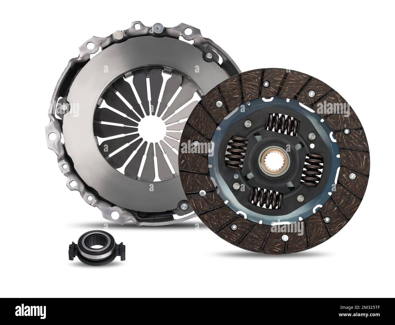 Set of manual transmission clutch repair kit parts isolated, on white background. Stock Photo