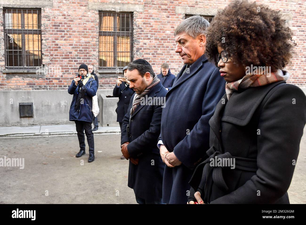 N-VA chamber member Michael Freilich, Flemish Minister President Jan Jambon and N-VA European MP Assita Kanko pictured during a memorial to commemorate the 75th anniversary of the liberation of the Auschwitz-Birkenau World War II concentration camp in Oswiecim, Poland, Tuesday 21 January 2020. BELGA PHOTO DIRK WAEM Stock Photo