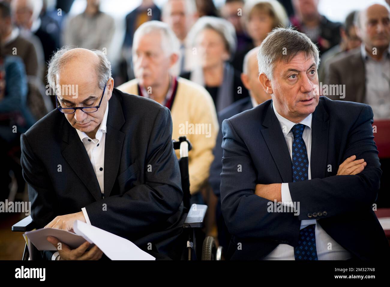 Flemish Minister President Jan Jambon (R) is seen at the re-opening of the 'Kazerne Dossin', a memorial, museum and documentation centre on the Holocaust and human rights, Sunday 26 January 2020, in Mechelen. BELGA PHOTO JASPER JACOBS Stock Photo