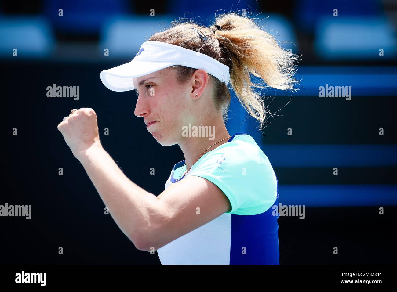 Belgian Elise Mertens pictured during a tennis match between Belgian-Belarussian pair Mertens-Sabalenka and Chinese Taipei pair Hao-Ching Chan and Latisha Chan, in the quarterfinals of the women's doubles competition of the 'Australian Open' tennis Grand Slam, Tuesday 28 January 2020 in Melbourne Park, Melbourne, Australia. Stock Photo