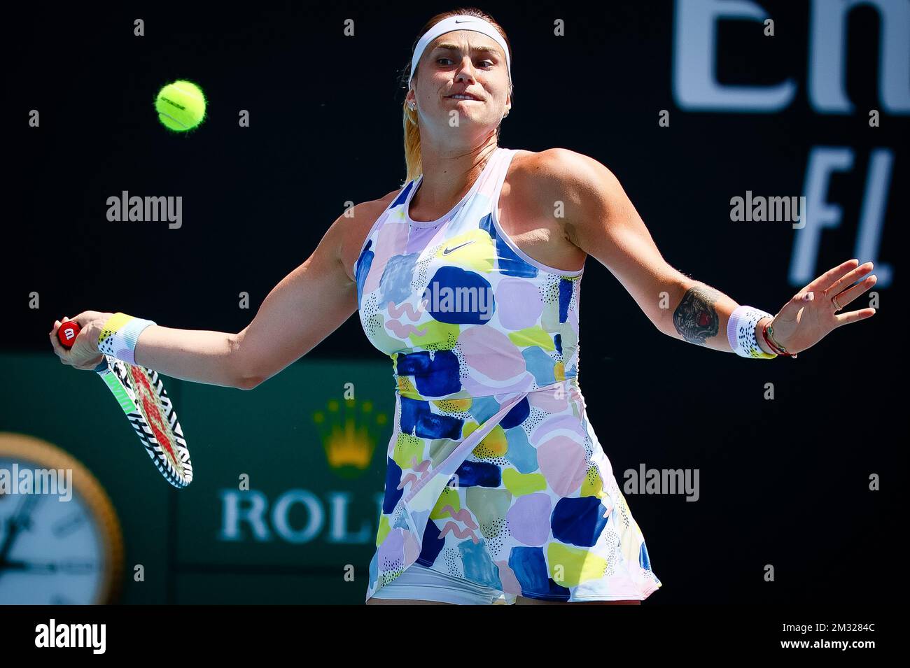 Belarussian Aryna Sabalenka pictured during a tennis match between Belgian-Belarussian pair Mertens-Sabalenka and Chinese Taipei pair Hao-Ching Chan and Latisha Chan, in the quarterfinals of the women's doubles competition of the 'Australian Open' tennis Grand Slam, Tuesday 28 January 2020 in Melbourne Park, Melbourne, Australia. Stock Photo