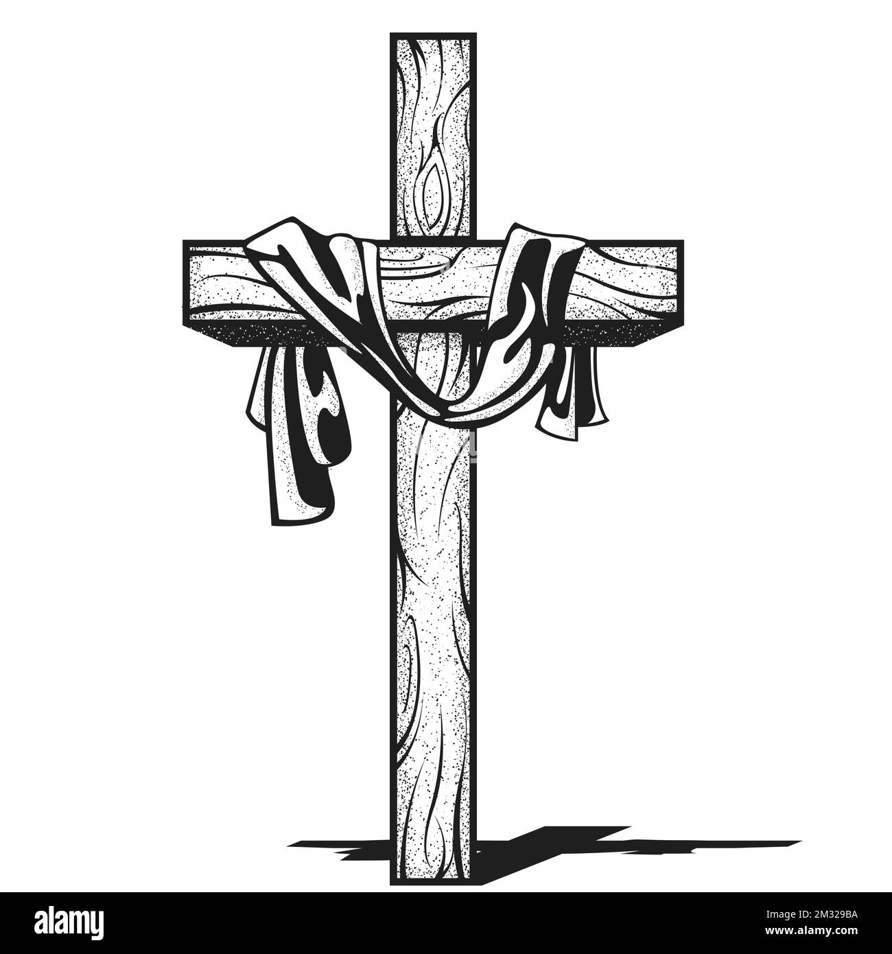Cross with canvas, crucifix with hanging down fabric, resurrection after crucifixion of Jesus, christianity symbol, vector Stock Vector