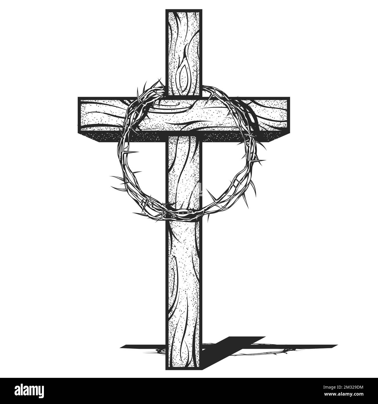 Crown of thorns of Jesus Christ on cross, crucifixion thorn or prickly wreath, religious symbol of Christianity, vector Stock Vector
