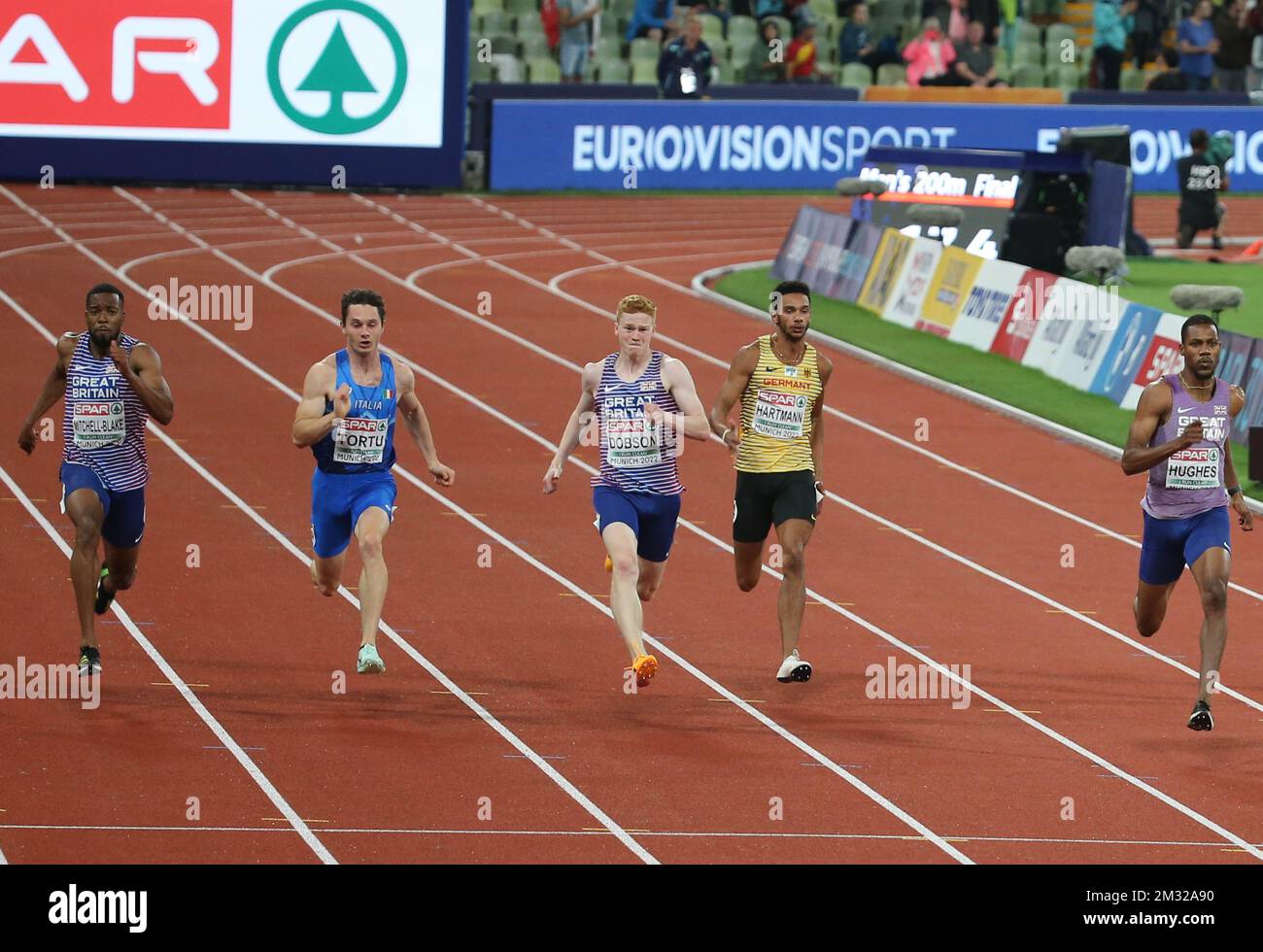 MITCHELL-BLAKE Nethaneel of Great Britain , TORTU Filippo of Italy , DOBSON Charles of Great Britain , HARTMANN Joshua of Germany and HUGHES Zharnel of Great Britain MEN'S 200M FINAL during the European Athletics Championships 2022 on August 18, 2022 in Munich, Germany - Photo Laurent Lairys / DPPI Stock Photo