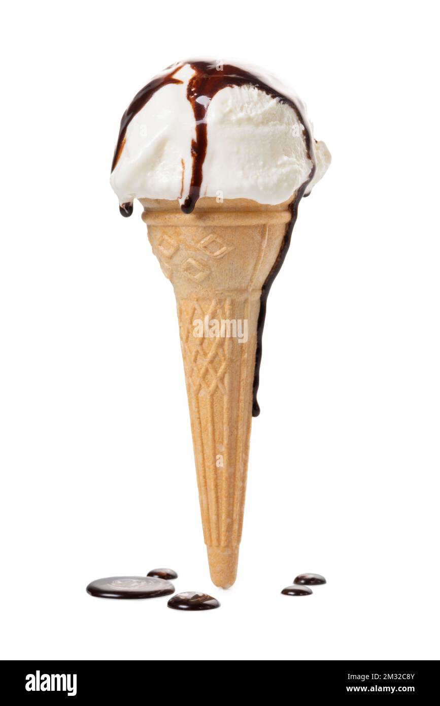 waffle cup with white ball and chocolate glaze drops  of ice cream isolated on white background, close up Stock Photo