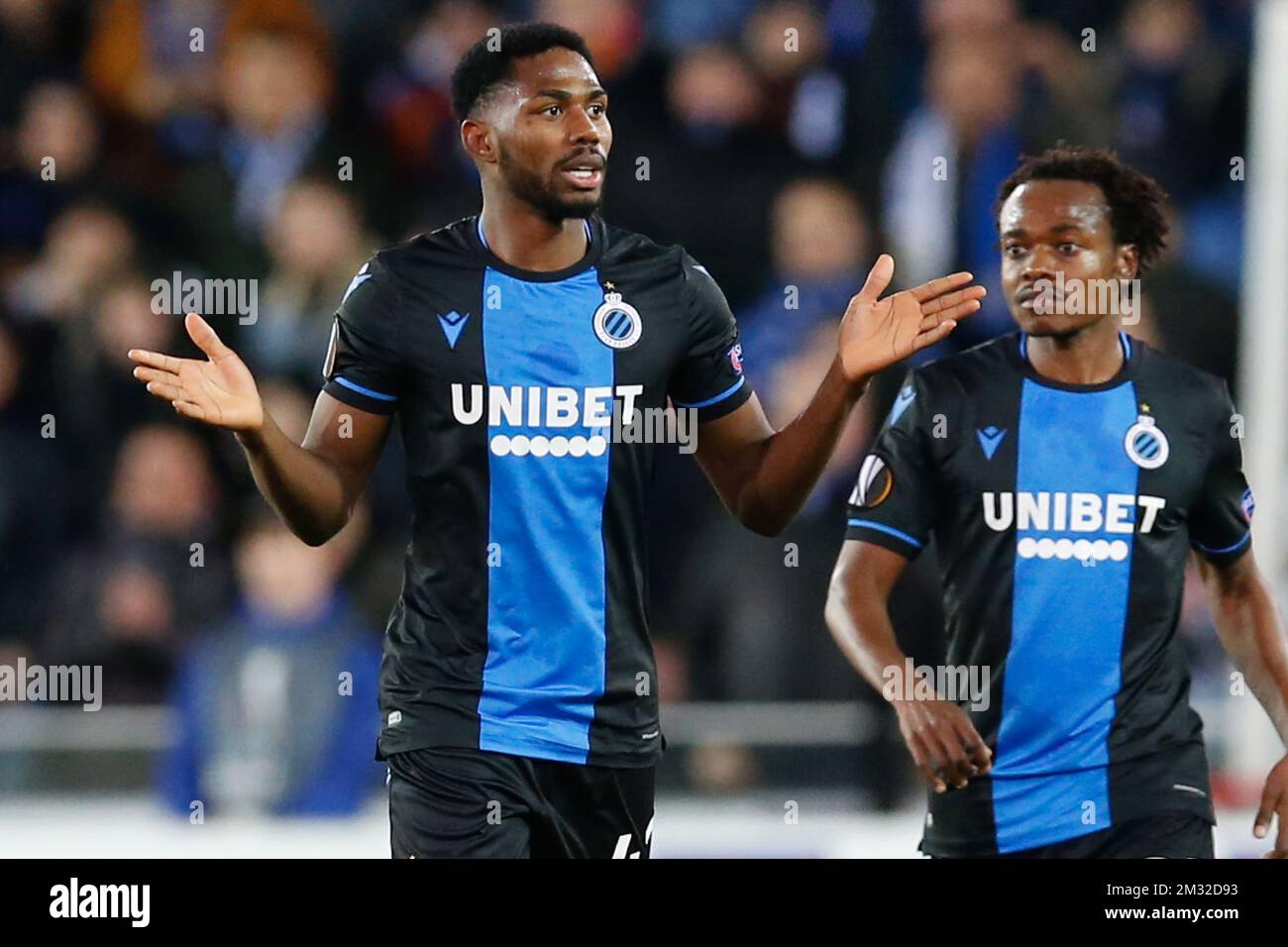 Club's Emmanuel Bonaventure Dennis celebrates after scoring during a game of the 1/16 finals of the UEFA Europa League between Belgian soccer club Club Brugge and English club Manchetser United, in Brugge, Thursday 20 February 2020. BELGA PHOTO Stock Photo
