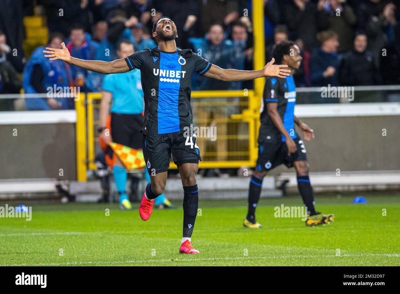 Club's Emmanuel Bonaventure Dennis celebrates after scoring during a game of the 1/16 finals of the UEFA Europa League between Belgian soccer club Club Brugge and English club Manchetser United, in Brugge, Thursday 20 February 2020. BELGA PHOTO Stock Photo