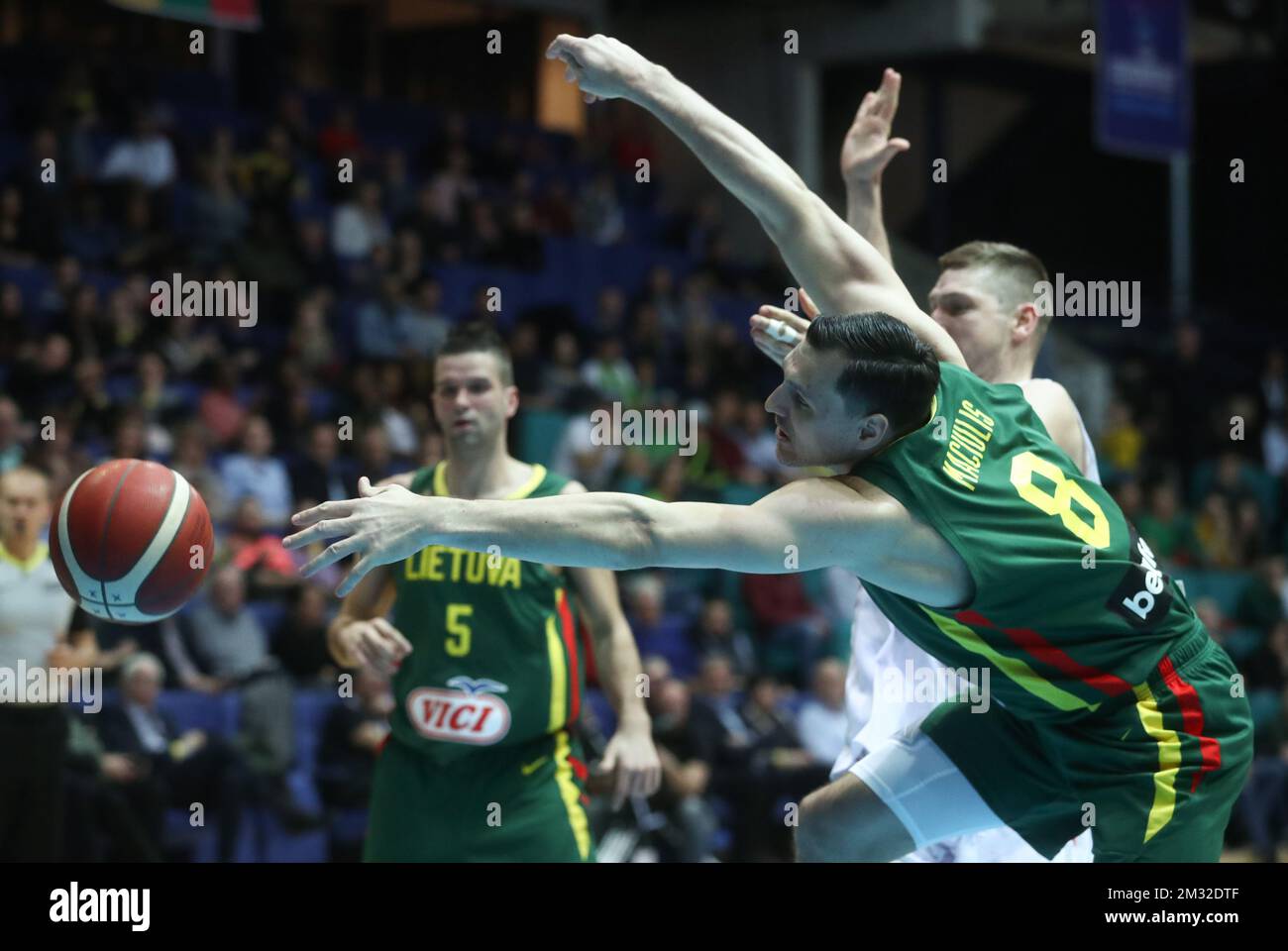 Belgium's Maxime De Zeeuw and Lithuania's Jonas Maciulis fight for the ball during the match between the Belgian Lions and Lithuania, game one of six in group C of the qualifications for the 2021 European Championships, Friday 21 February 2020, at the Mons Arena in Jemappe. BELGA PHOTO VIRGINIE LEFOUR Stock Photo
