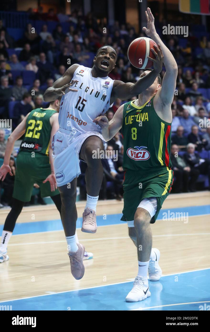 Belgium's Retin Obasohan and Lithuania's Jonas Maciulis fight for the ball during the match between the Belgian Lions and Lithuania, game one of six in group C of the qualifications for the 2021 European Championships, Friday 21 February 2020, at the Mons Arena in Jemappe. BELGA PHOTO VIRGINIE LEFOUR Stock Photo