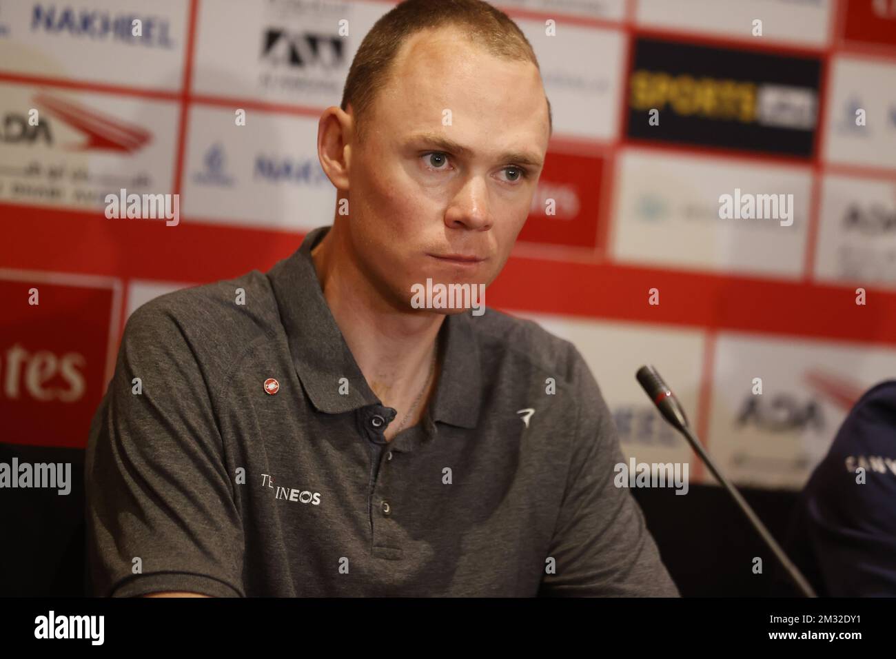 British Chris Froome of Team Ineos pictured during a press conference, in preparation for the 'UAE Tour' 2020 cycling race in Abu Dhabi, United Arab Emirates, Saturday 22 February 2020. This year's edition is taking place from 23 February to 29 February. BELGA PHOTO YUZURU SUNADA FRANCE OUT Stock Photo