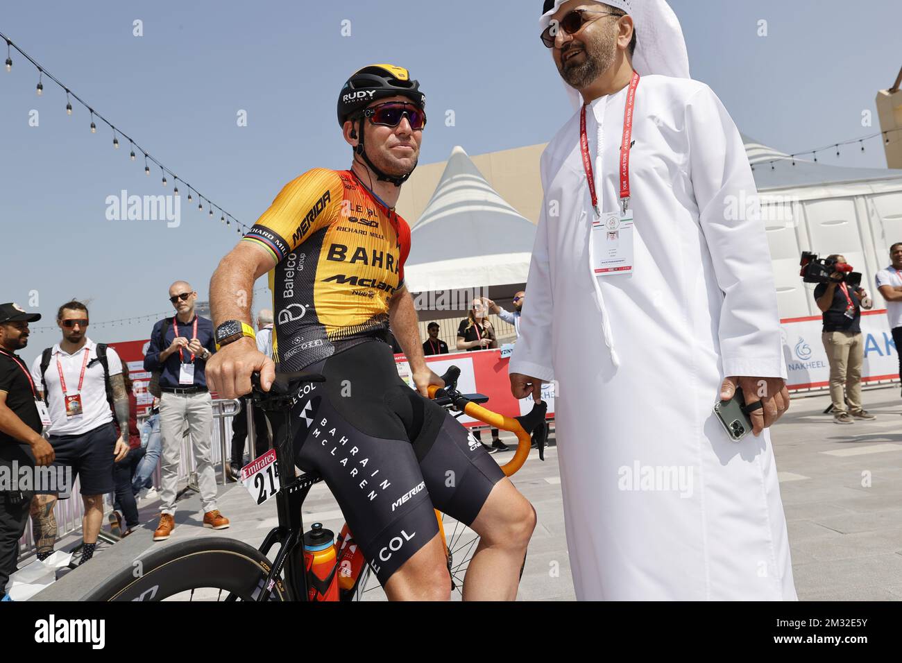 British Mark Cavendish of Bahrain-Merida and Aref Hamad Al Awani pictured at stage 1 of the 'UAE Tour' 2020 cycling race 148km from Dubai The Pointe to Dubai Silicon Oasis in Dubai, United Arab Emirates, Sunday 23 February 2020. This year's edition is taking place from 23 February to 29 February. BELGA PHOTO YUZURU SUNADA FRANCE OUT Stock Photo
