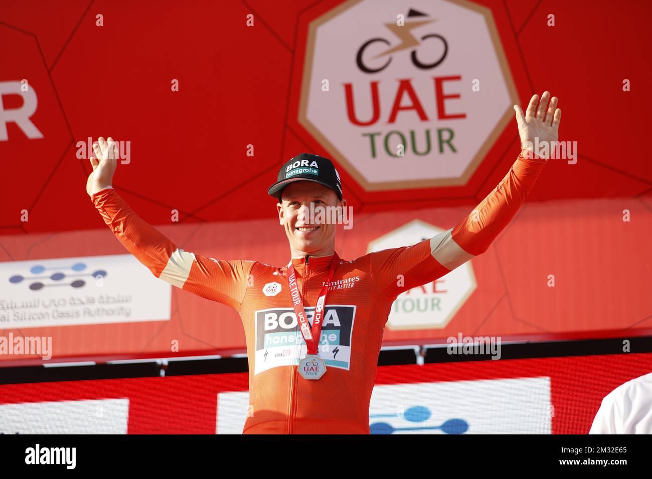 German Pascal Ackermann of Bora-Hansgrohe celebrates on the podium after winning stage 1 of the 'UAE Tour' 2020 cycling race 148km from Dubai The Pointe to Dubai Silicon Oasis in Dubai, United Arab Emirates, Sunday 23 February 2020. This year's edition is taking place from 23 February to 29 February. BELGA PHOTO YUZURU SUNADA FRANCE OUT Stock Photo