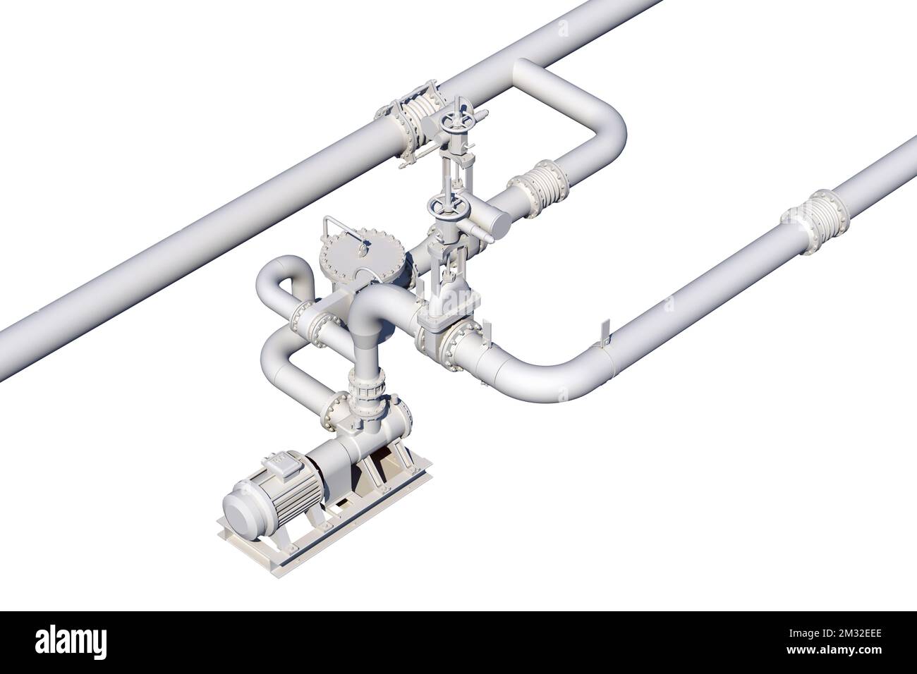 pump system node with pipes and engines isolated on white. 3d rendering ...