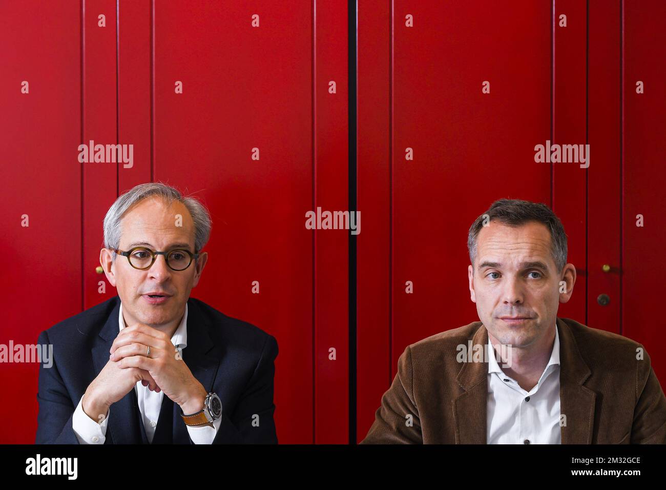 Roularta Media Group CEO Xavier Bouckaert (L) and Roularta Media Group CFO Jeroen Mouton (R) pictured during a press conference to announce the 2019 year results of Roularta Media Group, in Brussels, Friday 06 March 2020. BELGA PHOTO LAURIE DIEFFEMBACQ Stock Photo