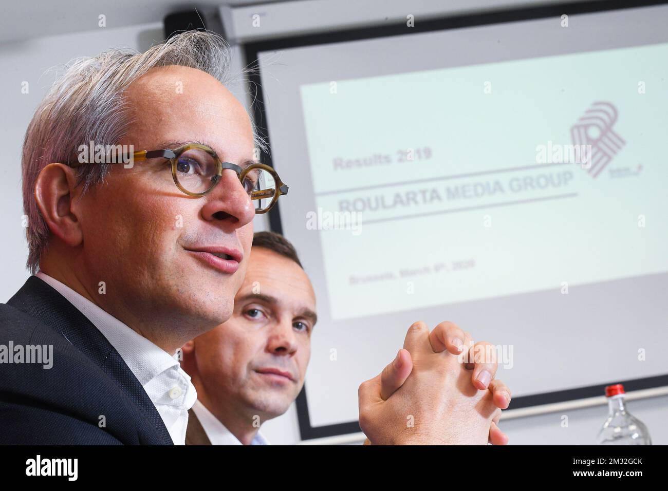 Roularta Media Group CEO Xavier Bouckaert (L) and Roularta Media Group CFO Jeroen Mouton (R) pictured during a press conference to announce the 2019 year results of Roularta Media Group, in Brussels, Friday 06 March 2020. BELGA PHOTO LAURIE DIEFFEMBACQ Stock Photo