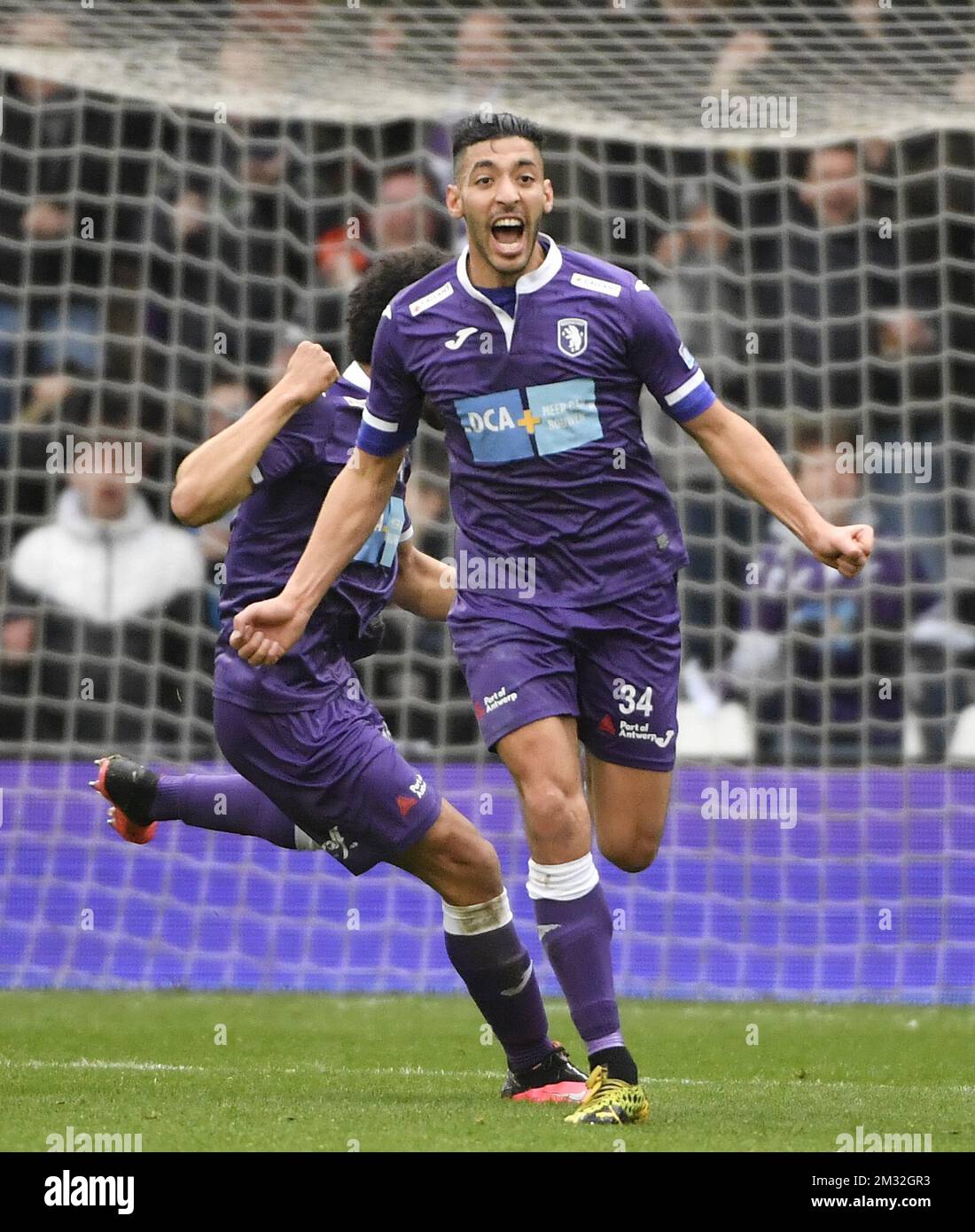 Beerschot's Tarik Tissoudali celebrates after scoring during a soccer
